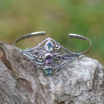 Alternate image for 18k Gold-Accented Blue Topaz Amethyst Silver Cuff Bracelet Garden Shimmer
