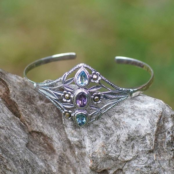 Alternate image for 18k Gold-Accented Blue Topaz Amethyst Silver Cuff Bracelet Garden Shimmer
