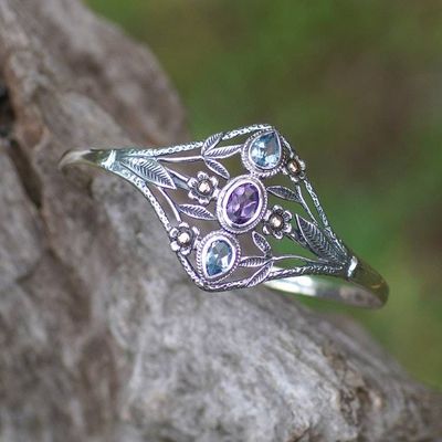 Alternate image for 18k Gold-Accented Blue Topaz Amethyst Silver Cuff Bracelet Garden Shimmer