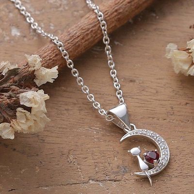 Primary image for Garnet and Cubic Zirconia Cat-and-Moon Pendant Necklace Feline Moon