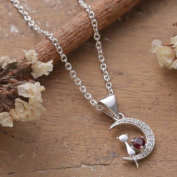 Alternate image for Garnet and Cubic Zirconia Cat-and-Moon Pendant Necklace Feline Moon