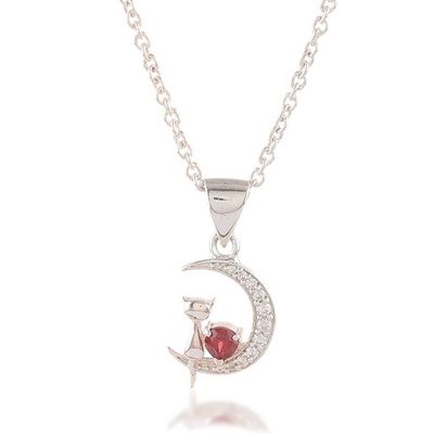 Alternate image for Garnet and Cubic Zirconia Cat-and-Moon Pendant Necklace Feline Moon