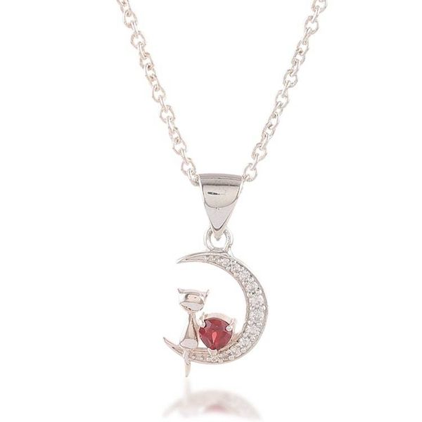 Alternate image for Garnet and Cubic Zirconia Cat-and-Moon Pendant Necklace Feline Moon