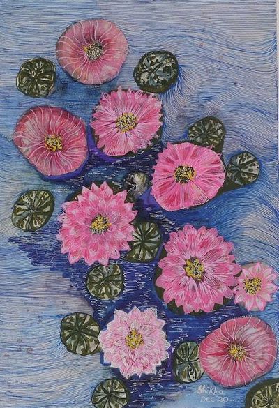 Primary image for Acrylic Watercolor Painting of Lotus Flowers and Lily Pads Pink Blossoms