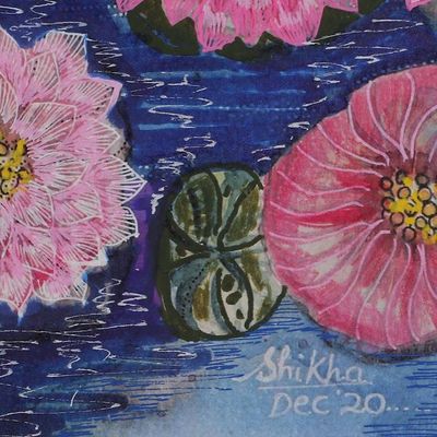 Alternate image for Acrylic Watercolor Painting of Lotus Flowers and Lily Pads Pink Blossoms