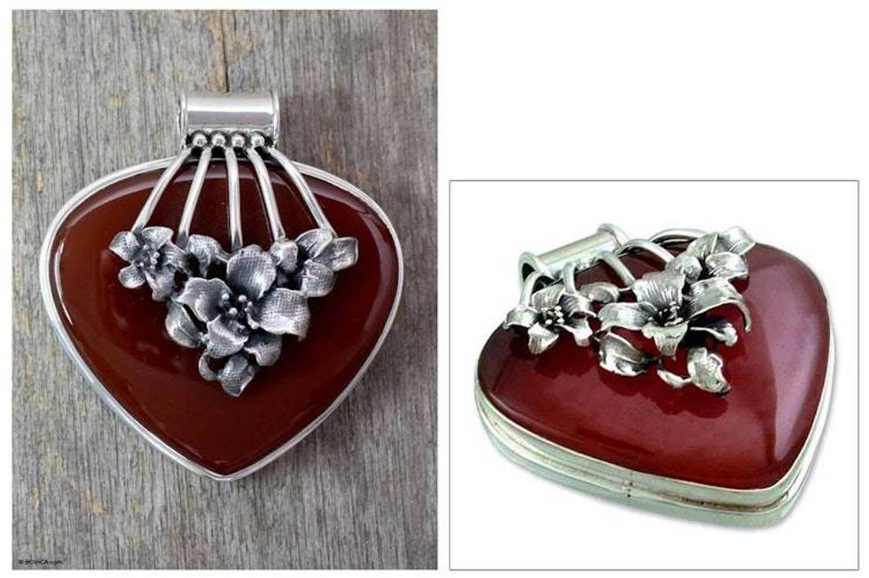 Sterling Silver and Carnelian Pendant Floral Jewelry 'Incandescent Lilies'