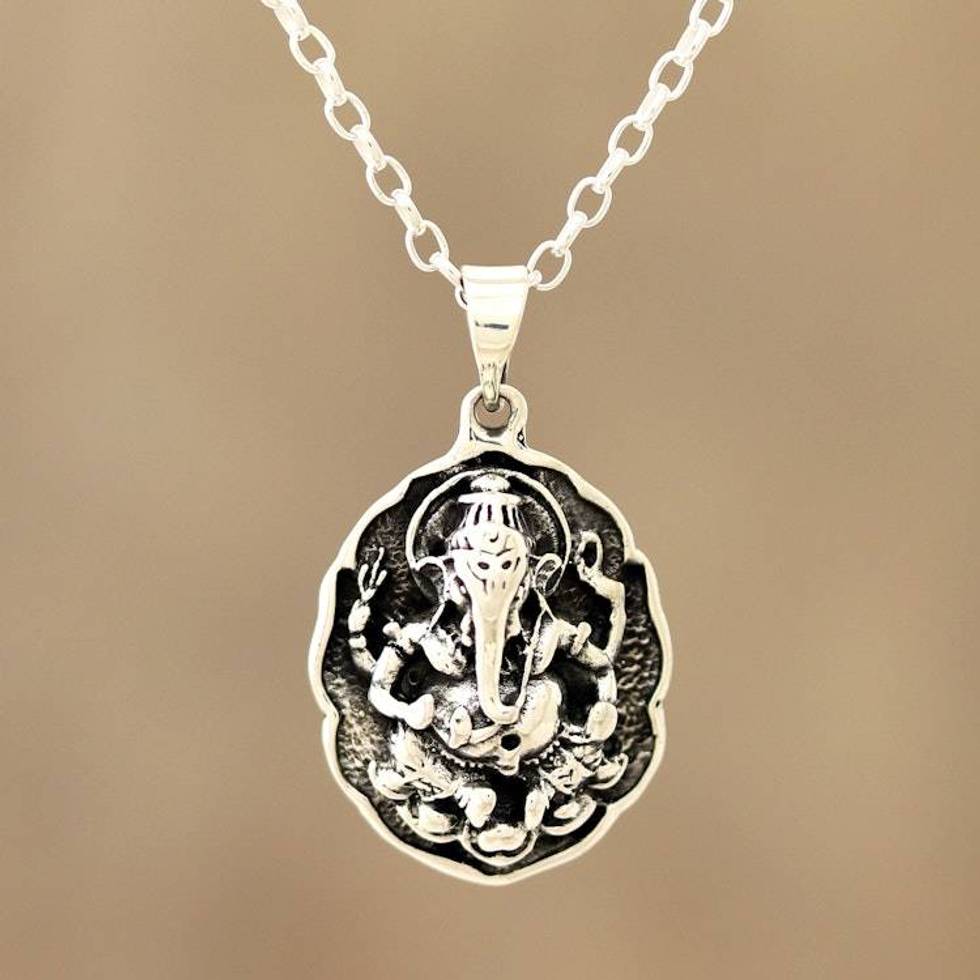 Sterling Silver Ganesha Pendant Necklace from India 'Ganesha Frame'