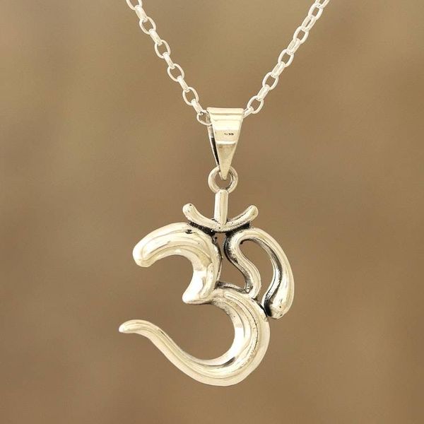 Alternate image for Shining Sterling Silver Om Pendant Necklace from India Serene Om