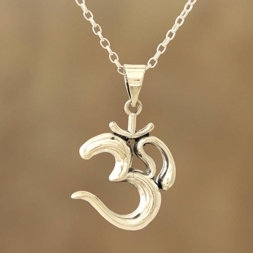 Shining Sterling Silver Om Pendant Necklace from India 'Serene Om'