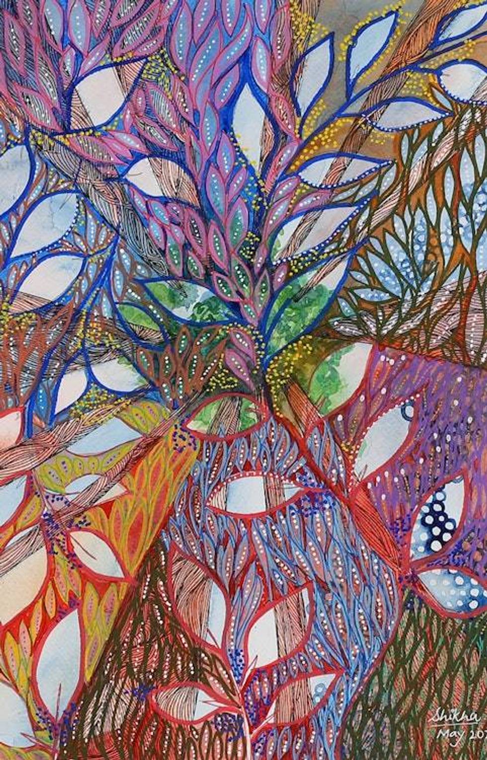 Leaves over Forest Modern Watercolor on Paper Painting 'Whispers of Forest'