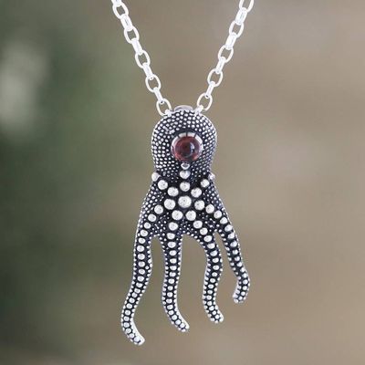 Alternate image for Sterling Silver Octopus Pendant Necklace with Natural Garnet The Crimson Sage