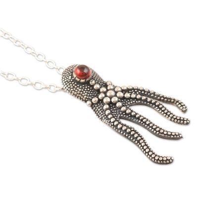 Alternate image for Sterling Silver Octopus Pendant Necklace with Natural Garnet The Crimson Sage
