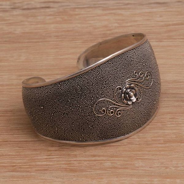Alternate image for Handcrafted Floral Sterling Silver Cuff Bracelet from Bali Lotus Swirl
