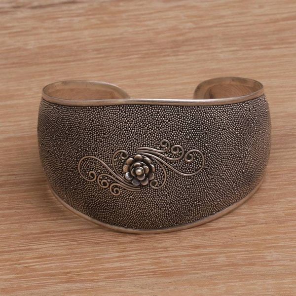 Alternate image for Handcrafted Floral Sterling Silver Cuff Bracelet from Bali Lotus Swirl