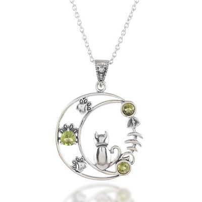 Alternate image for Cat and Crescent Moon-Themed Peridot Silver Pendant Necklace Feline Crescent Dreams