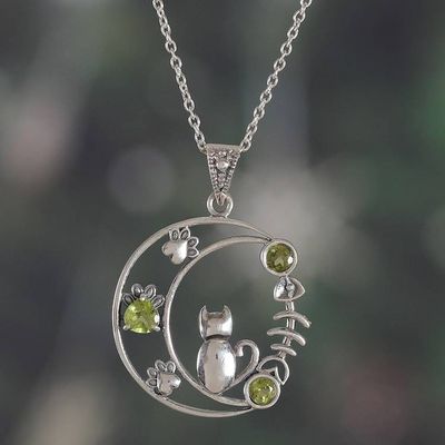 Alternate image for Cat and Crescent Moon-Themed Peridot Silver Pendant Necklace Feline Crescent Dreams