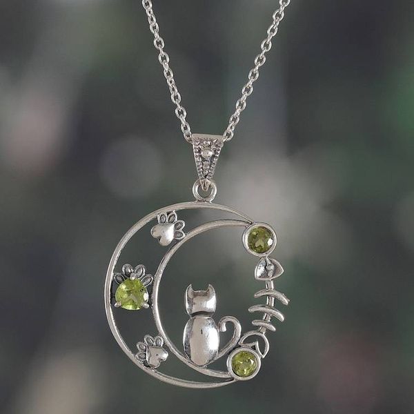 Alternate image for Cat and Crescent Moon-Themed Peridot Silver Pendant Necklace Feline Crescent Dreams