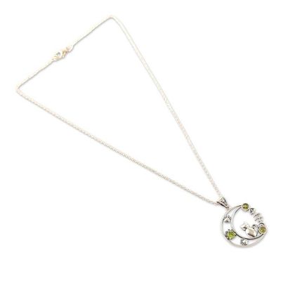 Alternate image for Cat and Crescent Moon-Themed Peridot Silver Pendant Necklace Feline Crescent Dreams