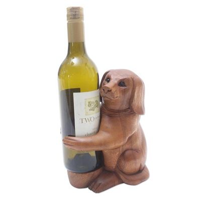 Primary image for Handcrafted Suar Wood Dog Wine Holder Puppy Hug