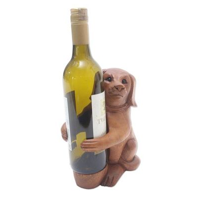 Alternate image for Handcrafted Suar Wood Dog Wine Holder Puppy Hug