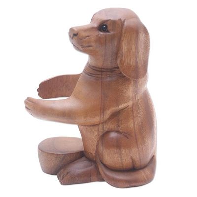 Alternate image for Handcrafted Suar Wood Dog Wine Holder Puppy Hug