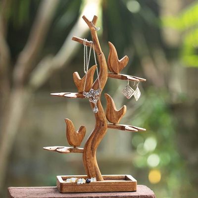 Alternate image for Tree Perching Bird-Themed Hand-Carved Wood Jewelry Stand Tree of Soul