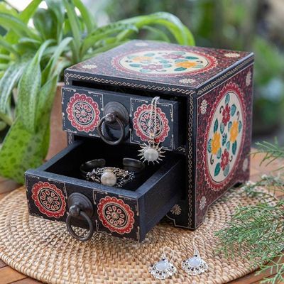 Alternate image for Handcrafted Red-Toned Batik Ganitri Wood Jewelry Chest Summer Palace