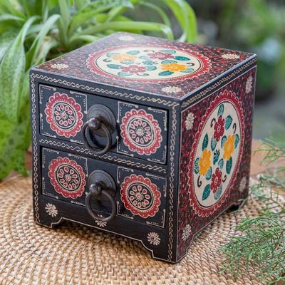 Alternate image for Handcrafted Red-Toned Batik Ganitri Wood Jewelry Chest Summer Palace