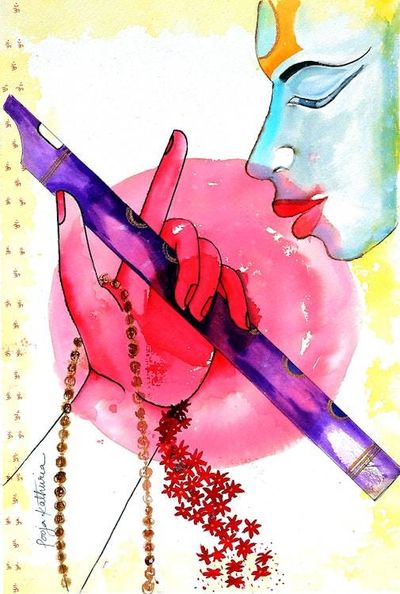 Primary image for Hindu-Themed Pink and Yellow Watercolor and Acrylic Painting Krishna Solace