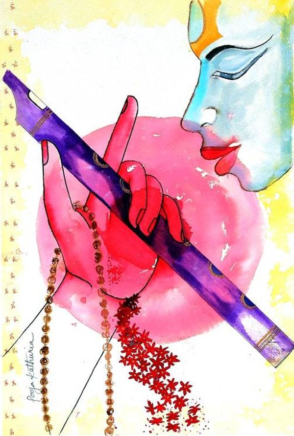 Alternate image for Hindu-Themed Pink and Yellow Watercolor and Acrylic Painting Krishna Solace