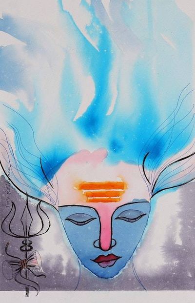 Primary image for Meditation-Themed Blue-Toned Watercolor and Acrylic Painting Shiv Shakti