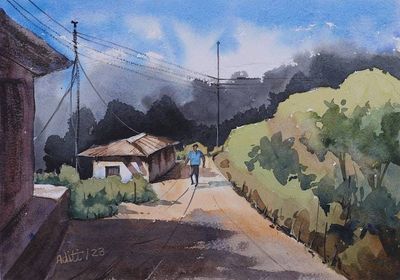 Primary image for Signed Impressionist Watercolor on Paper Landscape Painting Solitary Stroll