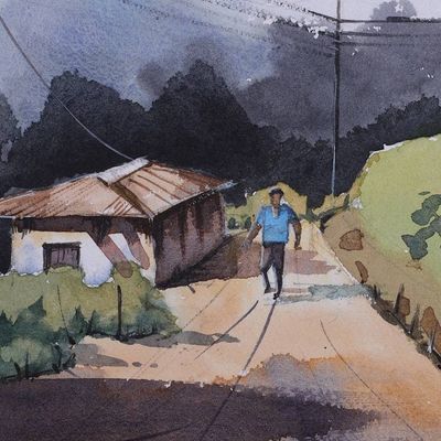 Alternate image for Signed Impressionist Watercolor on Paper Landscape Painting Solitary Stroll