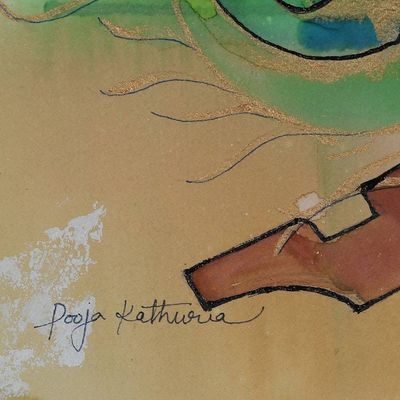 Alternate image for Signed Surrealist Warm-Toned Watercolor and Acrylic Painting Krishna Moment