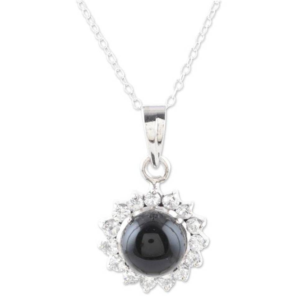 Sterling Silver Onyx and Cubic Zirconia Pendant Necklace 'Charming Midnight'