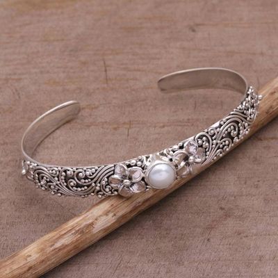 Primary image for Cultured Pearl and 925 Silver Floral Cuff Bracelet from Bali Swirling Jepun