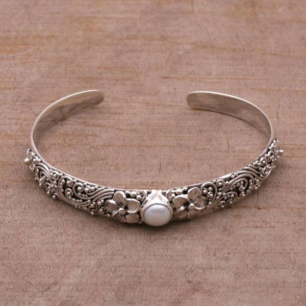 Alternate image for Cultured Pearl and 925 Silver Floral Cuff Bracelet from Bali Swirling Jepun