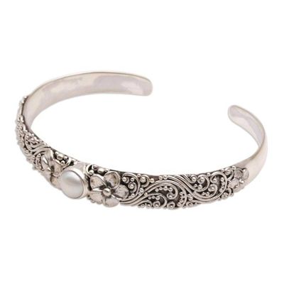 Alternate image for Cultured Pearl and 925 Silver Floral Cuff Bracelet from Bali Swirling Jepun