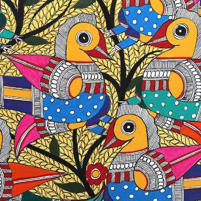 Primary image for Bird-Themed Acrylic on Handmade Paper Madhubani Painting Spring Cheers