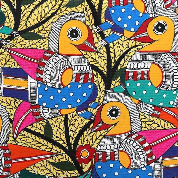 Alternate image for Bird-Themed Acrylic on Handmade Paper Madhubani Painting Spring Cheers