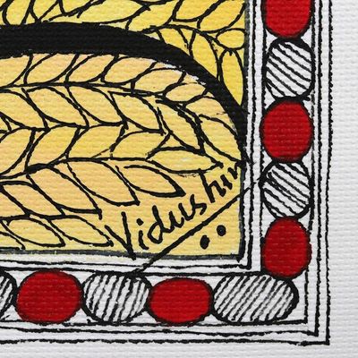 Alternate image for Bird-Themed Acrylic on Handmade Paper Madhubani Painting Spring Cheers