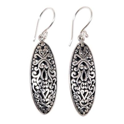 Alternate image for Engraved Sterling Silver Dangle Earrings with Floral Motif Balinese Floral