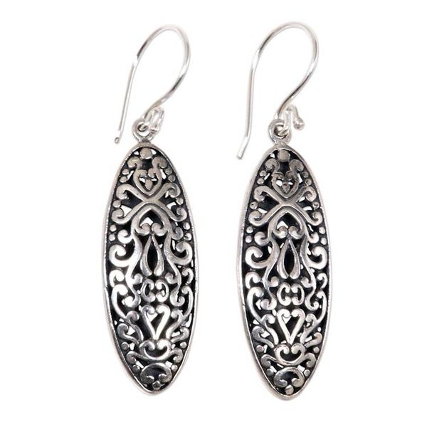 Alternate image for Engraved Sterling Silver Dangle Earrings with Floral Motif Balinese Floral