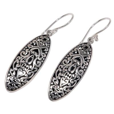 Alternate image for Engraved Sterling Silver Dangle Earrings with Floral Motif Balinese Floral