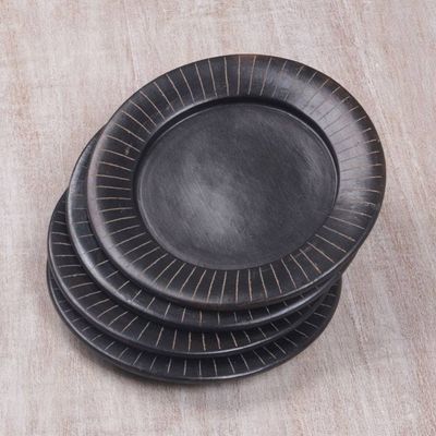 Primary image for Handcrafted Black Luncheon Plates Etched Rims Set of 4 Radiate