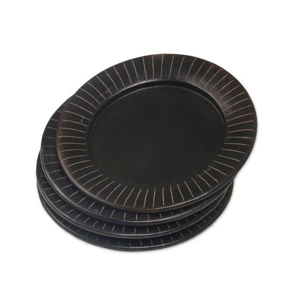 Alternate image for Handcrafted Black Luncheon Plates Etched Rims Set of 4 Radiate