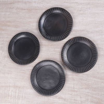 Alternate image for Handcrafted Black Luncheon Plates Etched Rims Set of 4 Radiate