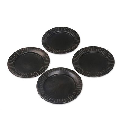 Alternate image for Handcrafted Black Luncheon Plates Etched Rims Set of 4 Radiate