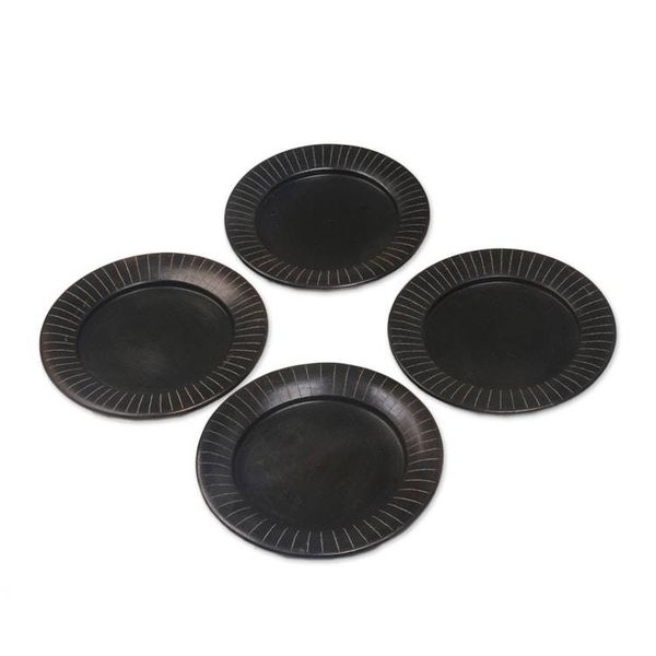 Alternate image for Handcrafted Black Luncheon Plates Etched Rims Set of 4 Radiate