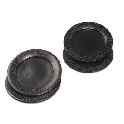 Alternate image for Handcrafted Black Luncheon Plates Etched Rims Set of 4 Radiate